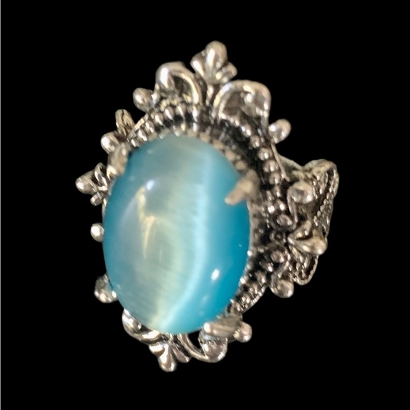 Ocean Blue Cat’s Eye Silver Plated Statement Fashion Ring Size 7 - Picture 10 of 15